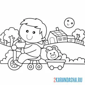 Раскраска трехколесный велосипед и мальчик