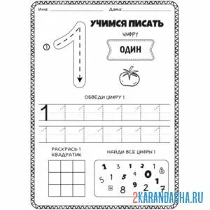Раскраска прописи цифра 1 и задание для малыша