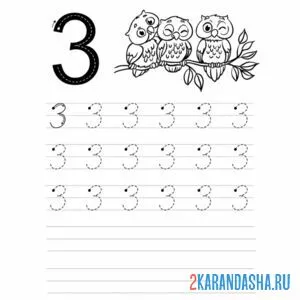 Раскраска пропись цифра 3 с картинкой совят