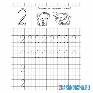 Раскраска пропись цифра 2 в клеточку