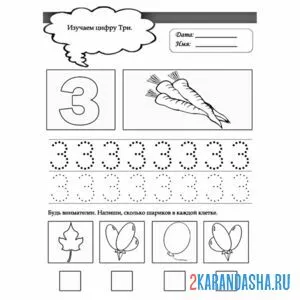 Раскраска пропись цифра 3 с заданием