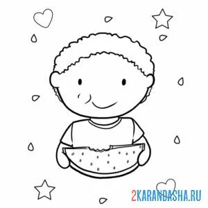 Раскраска мальчик ест арбуз