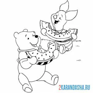 Раскраска винни-пух и пятачок едят арбуз