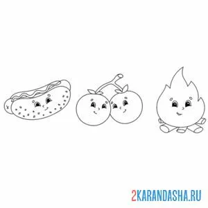 Раскраска хот-дог, помидоры, костер