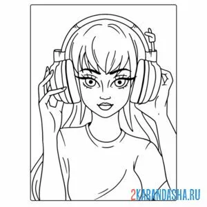 Раскраска девушка в наушниках
