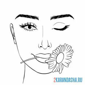Раскраска девушка с цветком в зубах
