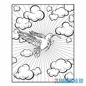 Распечатать раскраску голубь в небе с облаками на А4