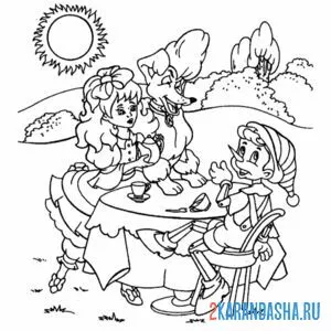 Раскраска буратино чаепитие с мальвиной