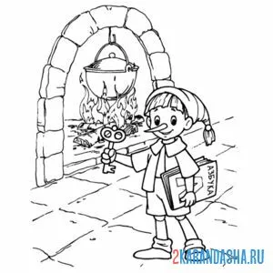 Раскраска буратино у камна