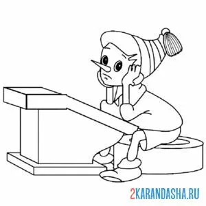 Раскраска буратино за партой