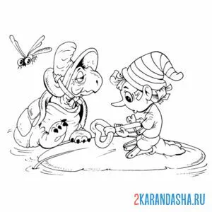 Раскраска буратино рассматривает ключик