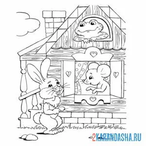 Раскраска зайчик в теремок