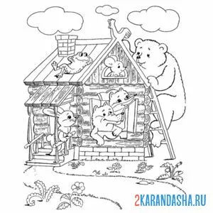 Раскраска медведь полез на теремок