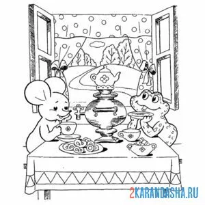 Раскраска чаепитие в теремке