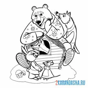 Раскраска мишка на теремке