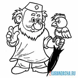 Раскраска айболит с попугаем