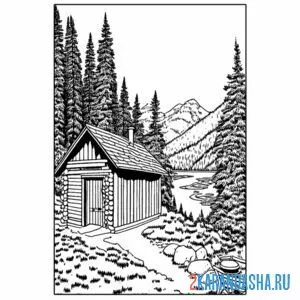 Распечатать раскраску дом лесничего в горах на А4
