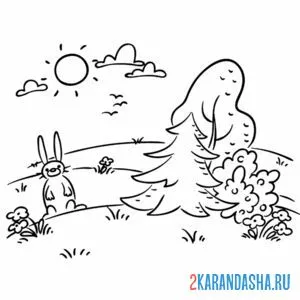 Распечатать раскраску пейзаж с зайцем на А4