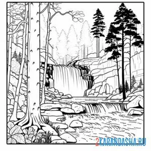 Распечатать раскраску летний пейзаж с водопадом на А4