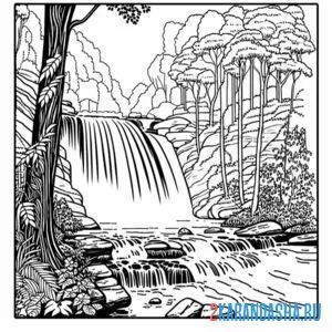 Распечатать раскраску лесной пейзаж с водопадом на А4