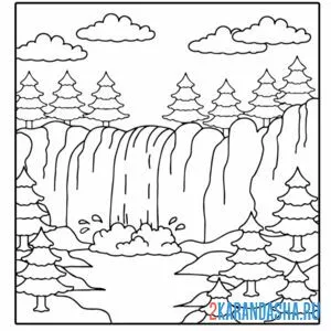 Распечатать раскраску елки и водопад летний пейзаж на А4