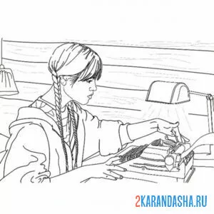 Раскраска венсдей печатает