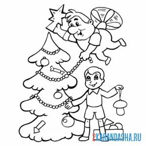 Раскраска карлсон и малыш наряжают елку