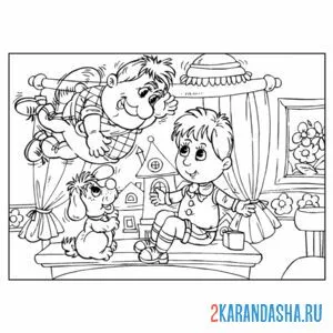 Раскраска малыш и карлсон, который живет на крыше