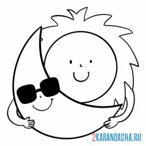 Раскраска луна в очках и солнце