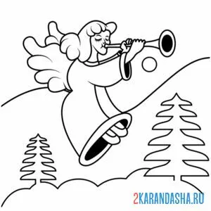 Раскраска ангел играет на трубе в лесу
