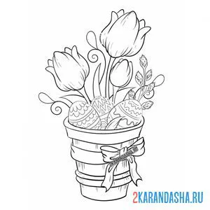 Раскраска красивая пасхальная композиция с цветами и яйцами онлайн