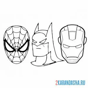 Раскраска три маски бэтмена, человека-паука и железного человека онлайн