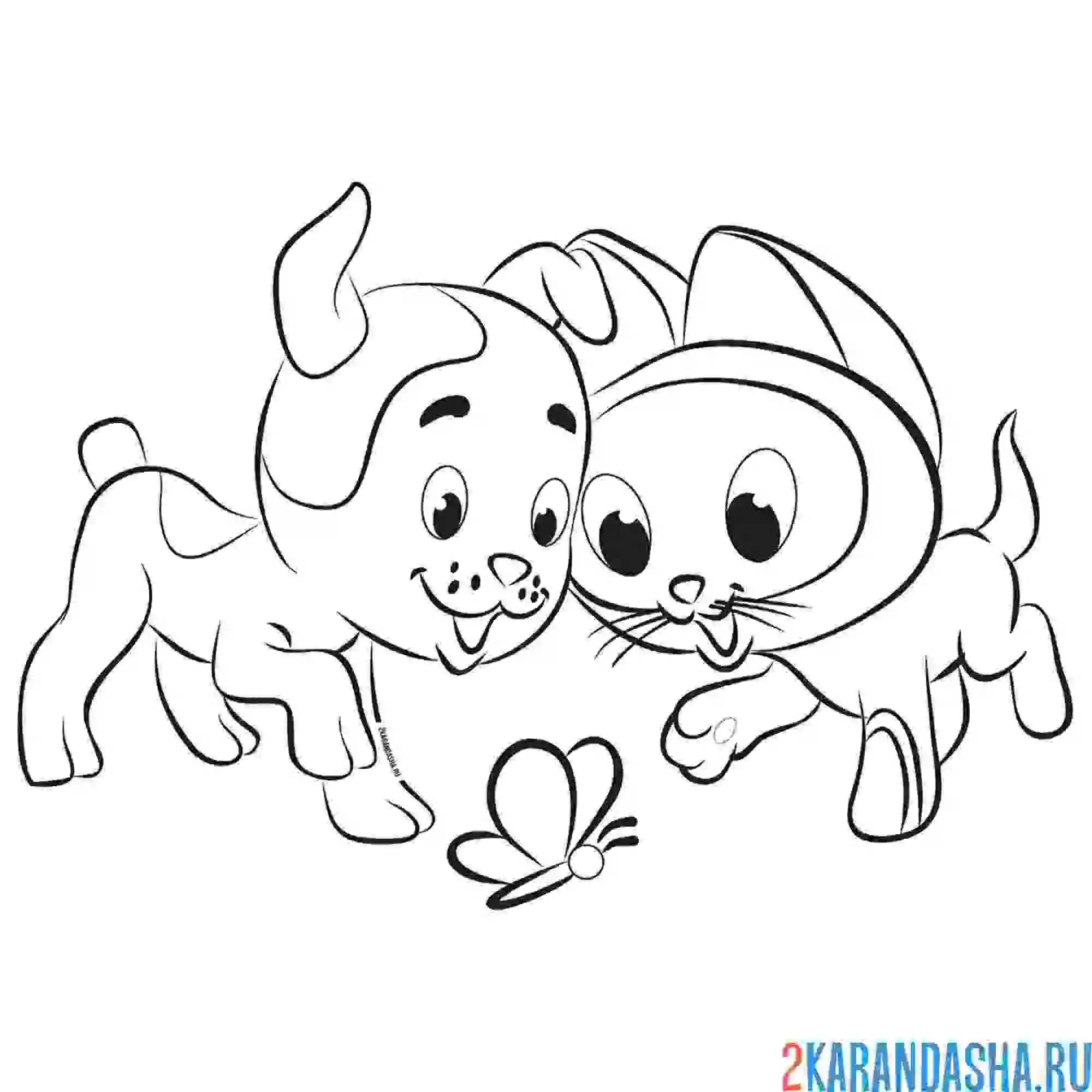 Раскраска котенок по имени гав и щенок шарик увидели бабочку