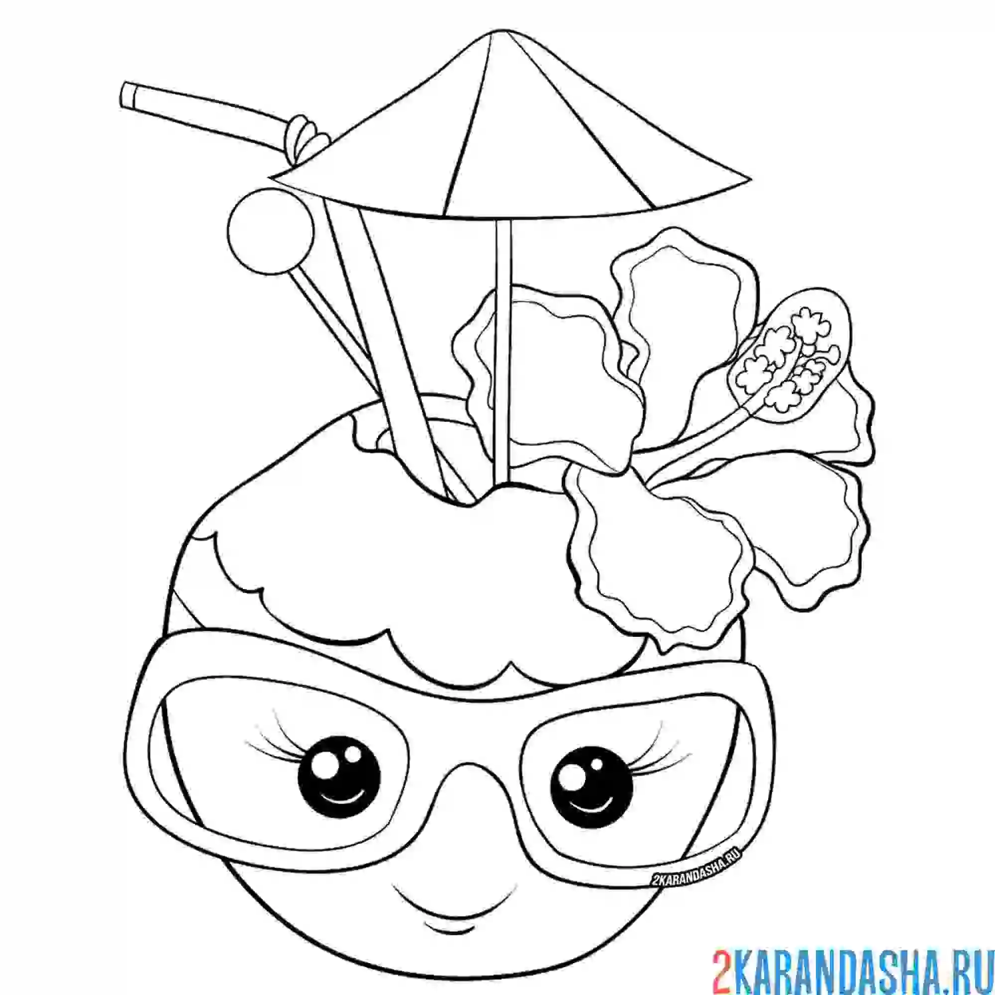 Раскраска кокос с трубочкой и цветком