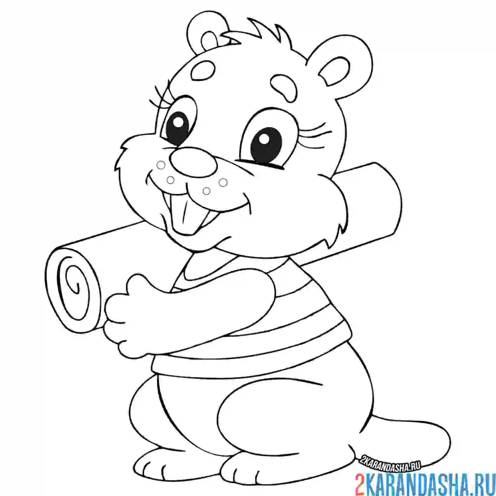 Раскраска бобер с бревнышком в руках