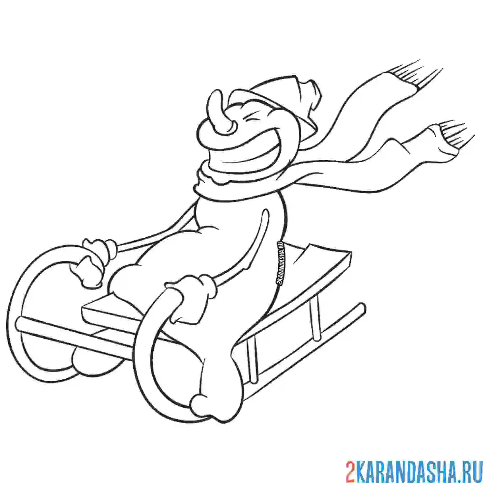 Раскраска смешной снеговик на санках