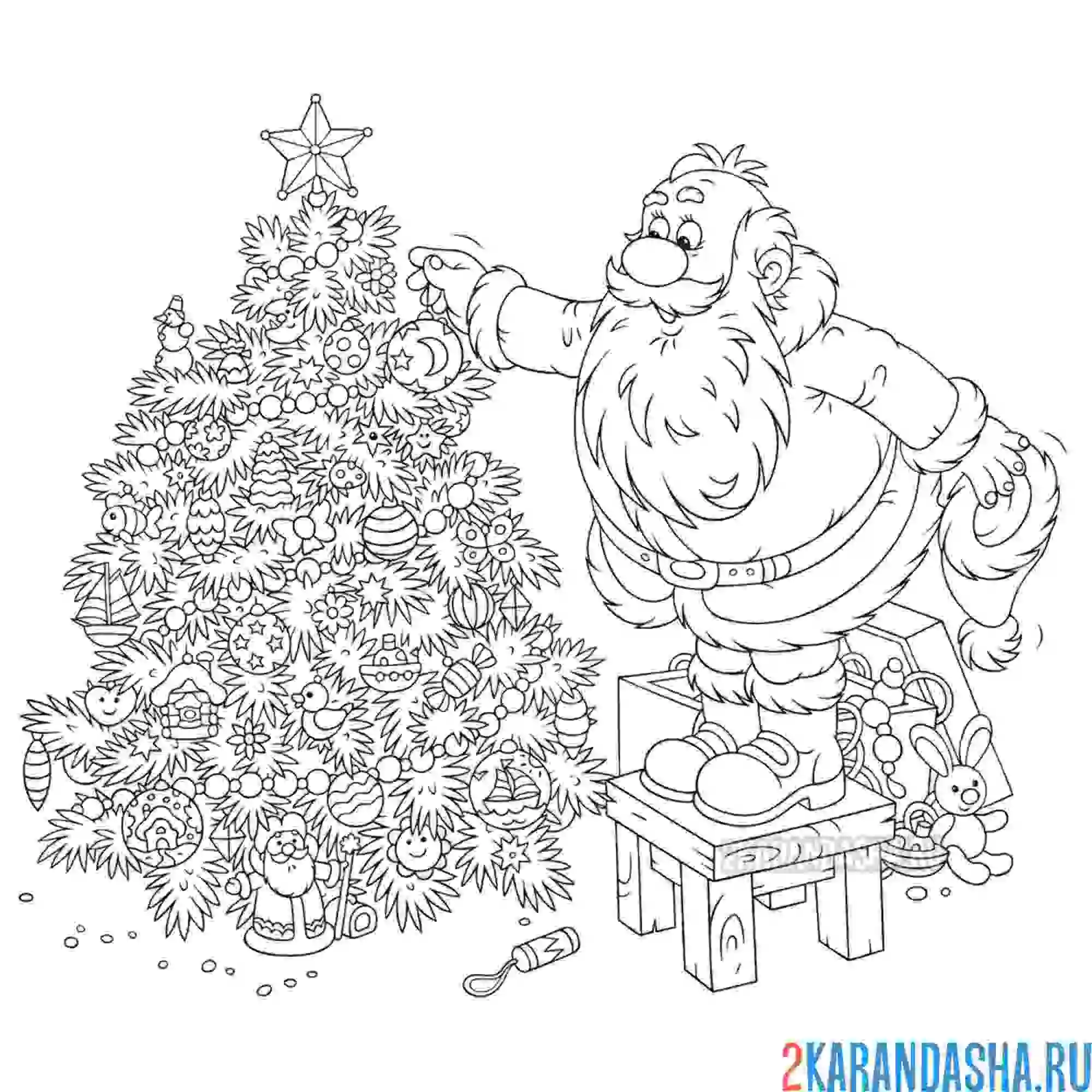 Раскраска дед мороз наряжает елку