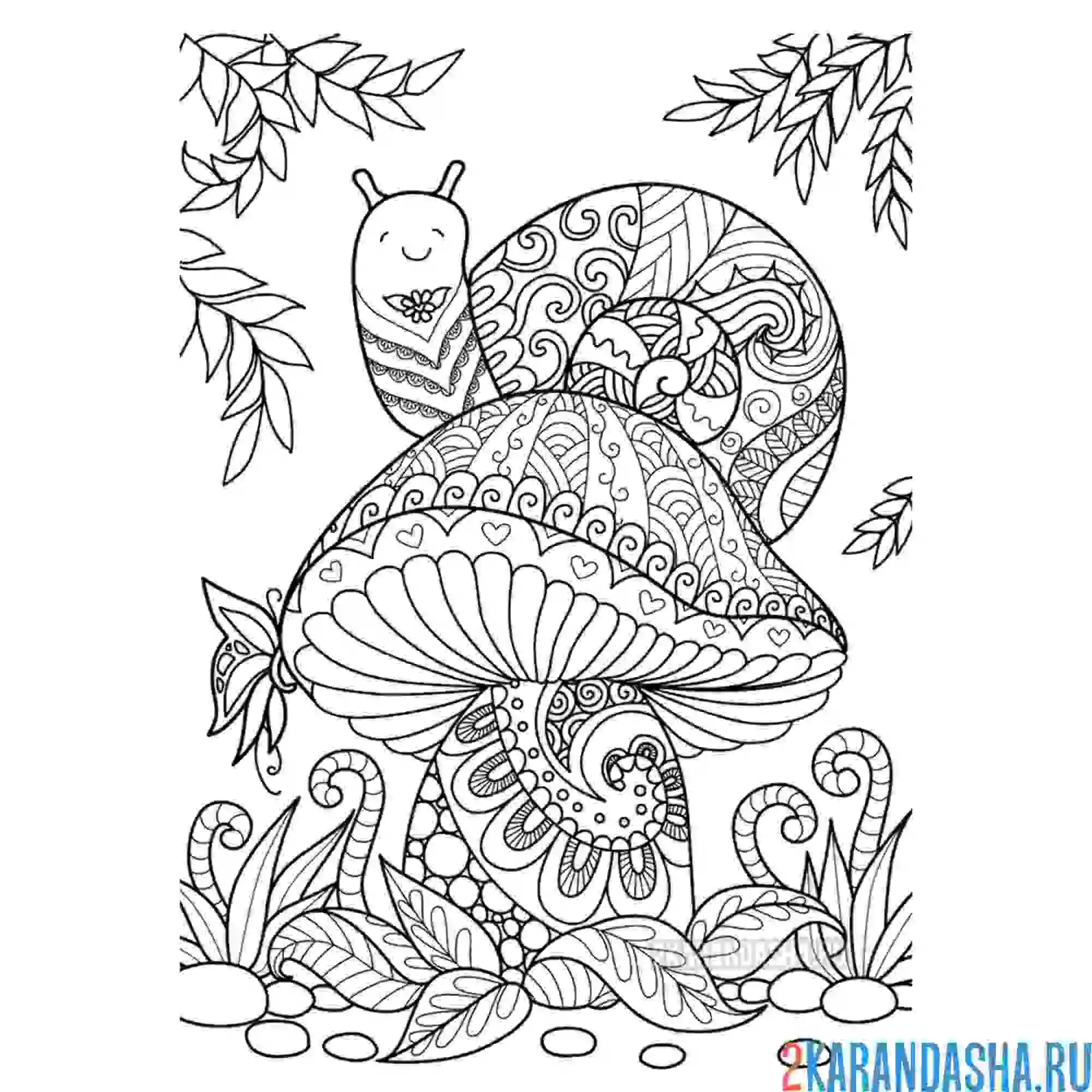 Раскраска антистресс улитка на грибочке