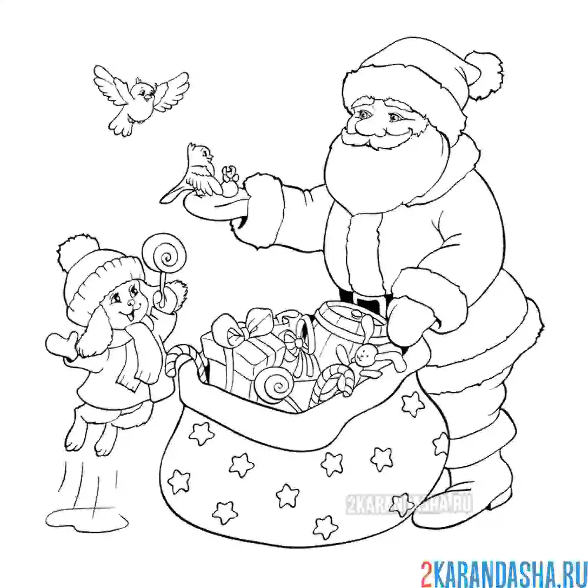 Раскраска дед мороз и зайка с птичками