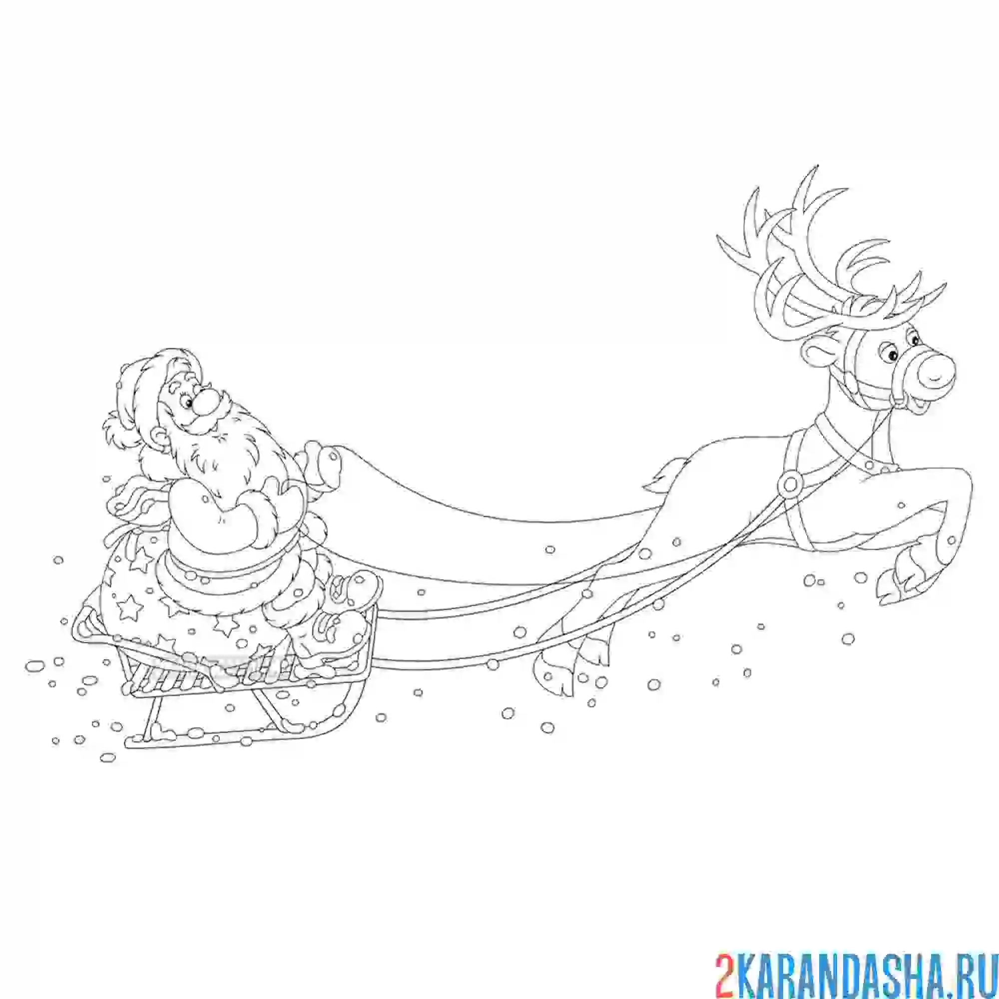 Раскраска дед мороз на санях с оленем