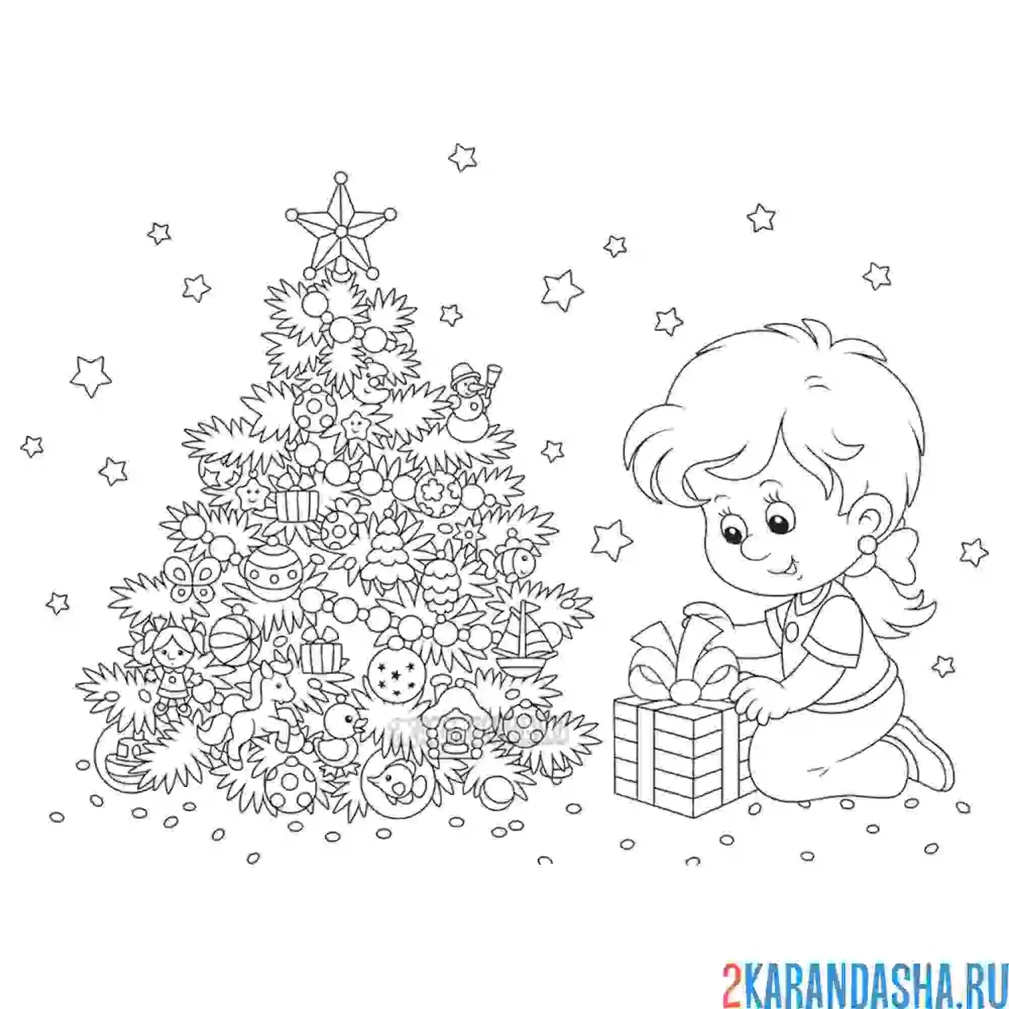 Раскраска девочка открывает новогодний подарок
