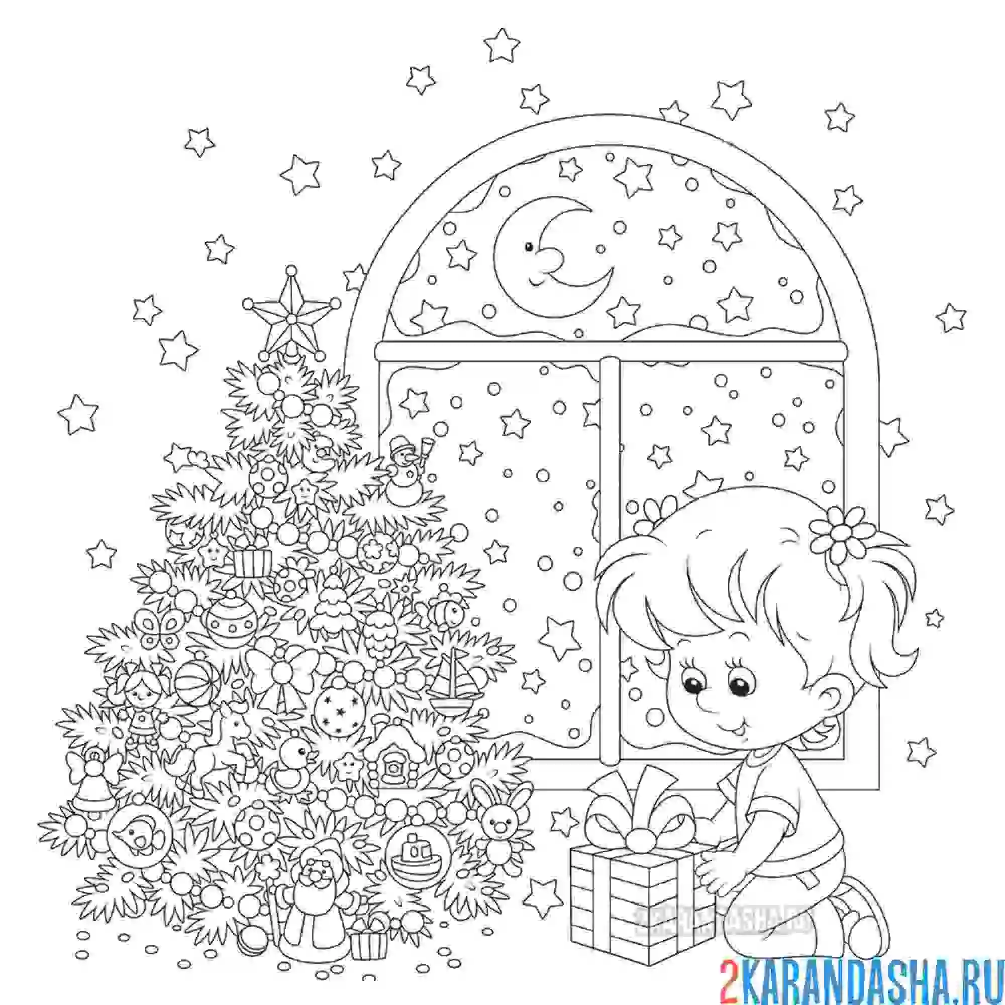 Раскраска девочка у новогодней елки