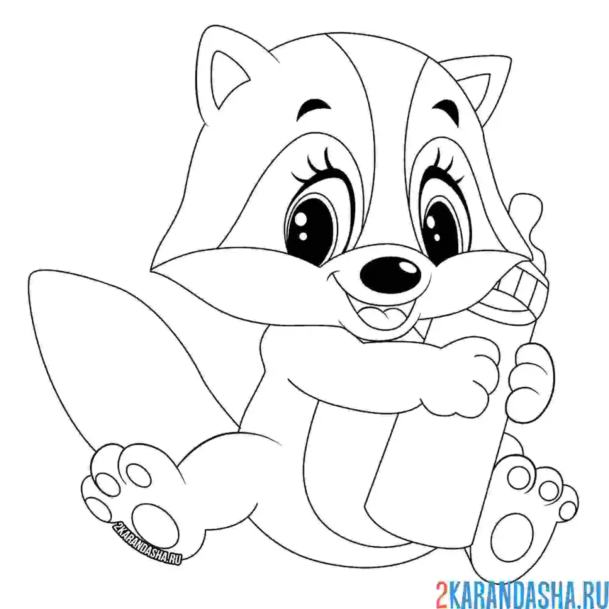 Раскраска маленький енот с бутылочкой