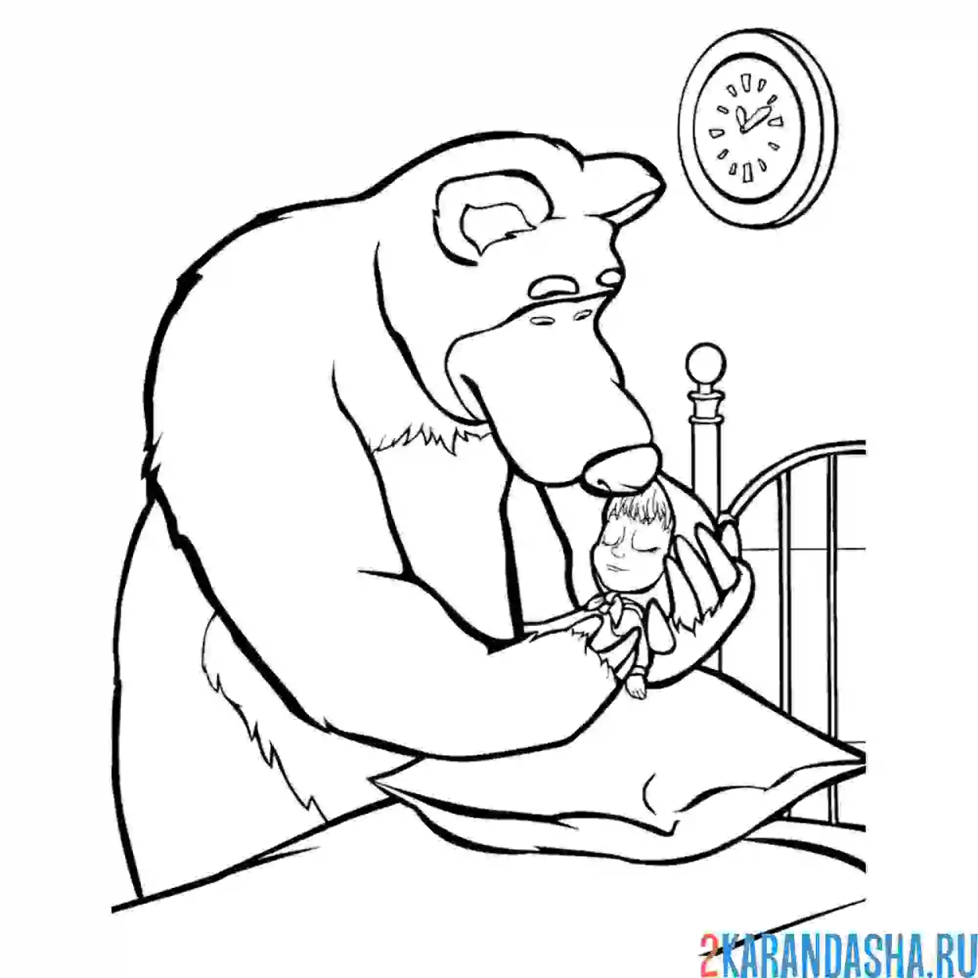 Раскраска медведь укладывает спать машу