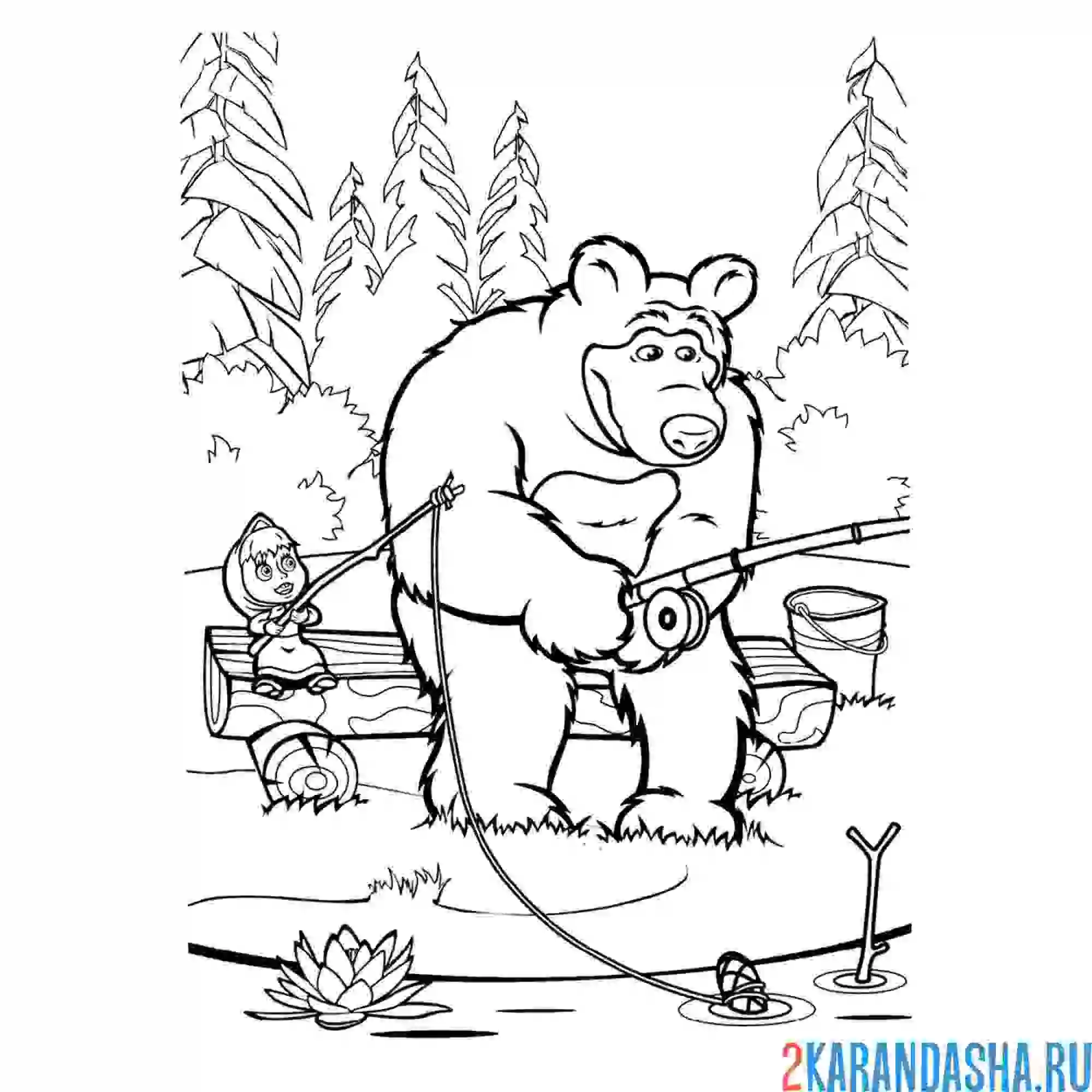 Раскраска миша на рыбалке с машей.