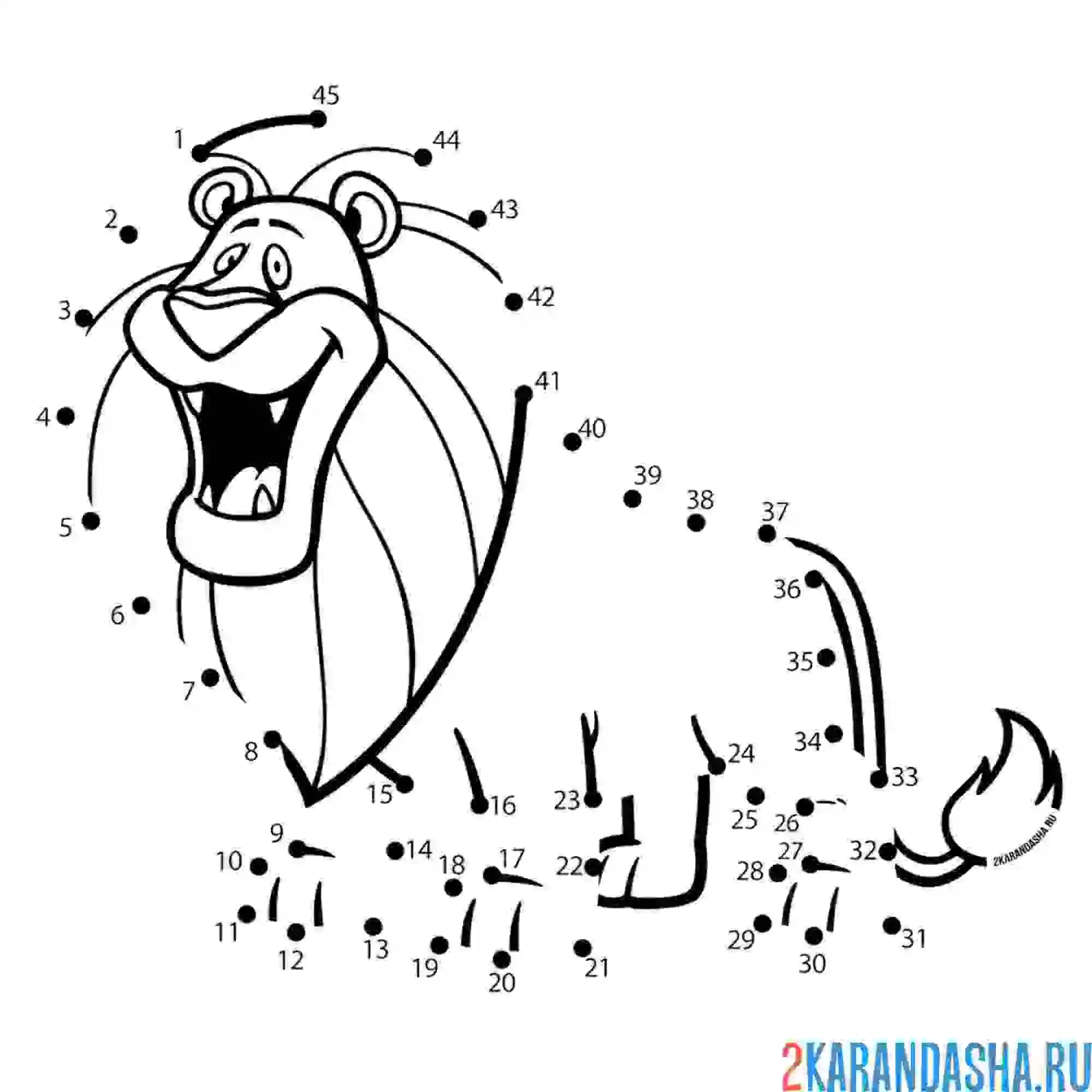 Раскраска по точкам для детей лев