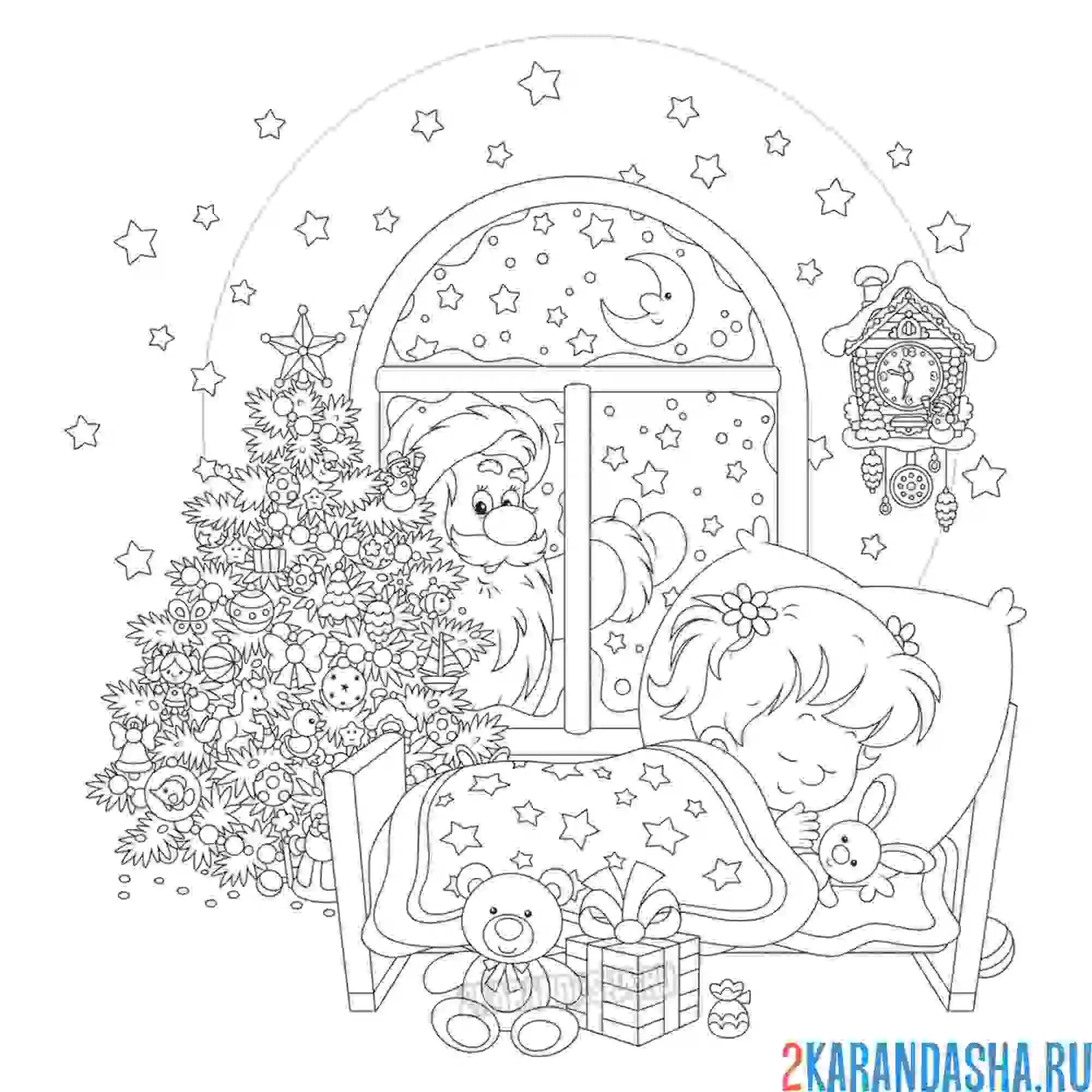 Раскраска дед мороз дарит девочке подарок