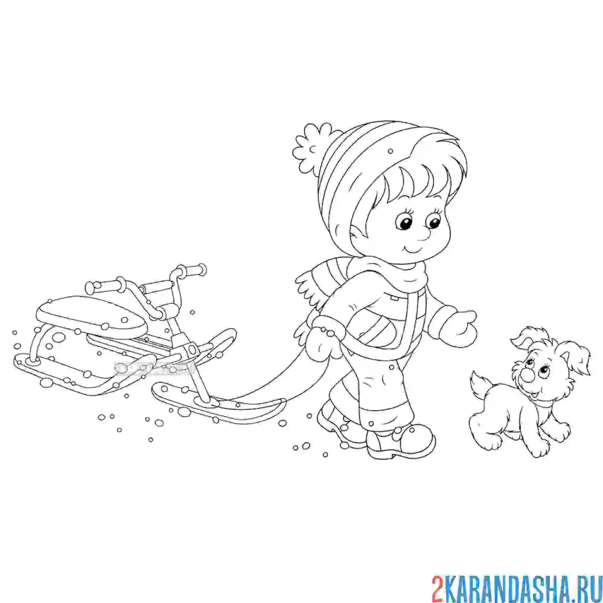 Раскраска зимние забавы мальчик и снегокат