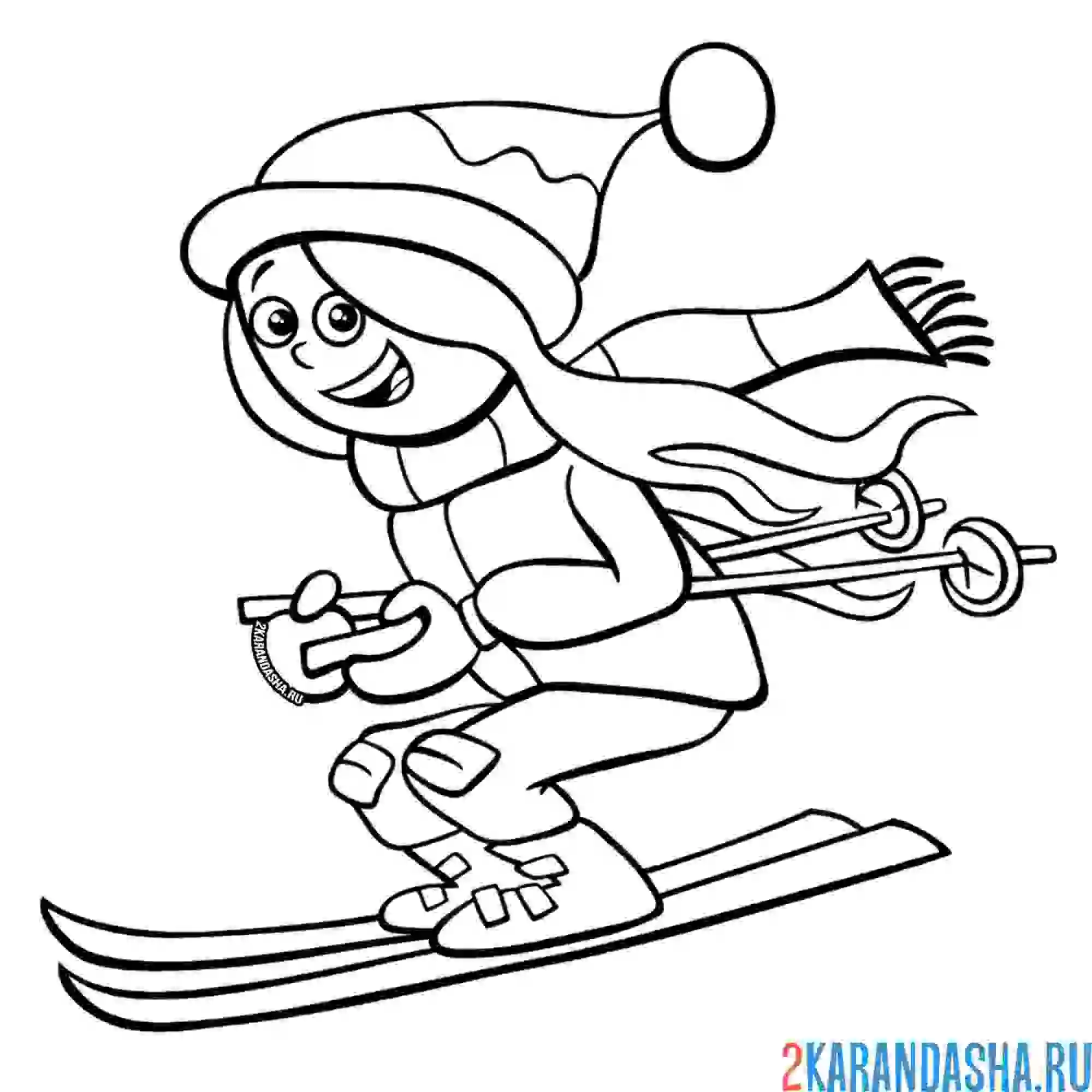 Раскраска зимние развлечения на лыжах