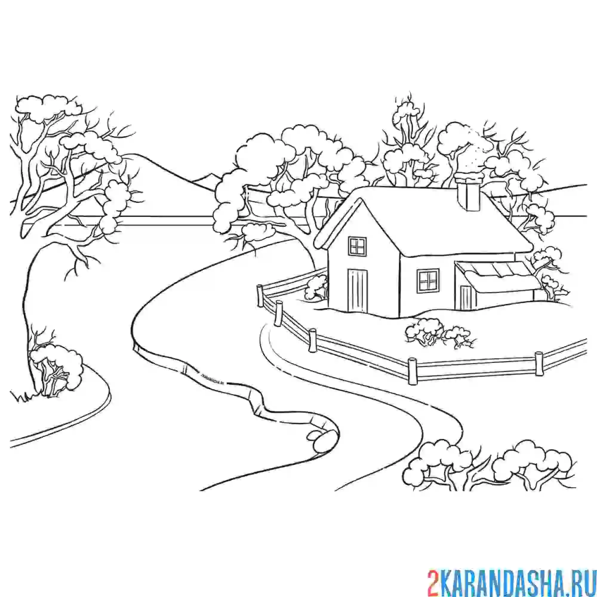 Раскраска зимний лес и дом